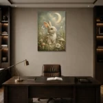 Moonlit Bunny Kids Room Wall Art Canvas Print displayed in a contemporary gallery-inspired room