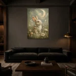 Moonlit Bunny Kids Room Wall Art Canvas Print shown in a warm modern interior