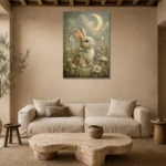 Moonlit Bunny Kids Room Wall Art Canvas Print presented in a sophisticated home setting