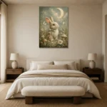 Moonlit Bunny Kids Room Wall Art Canvas Print showcased in an elegant minimalist interior