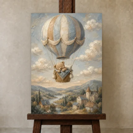 Teddy Bear Balloon Kids Room Wall Art Canvas Print shown in Studio Easel