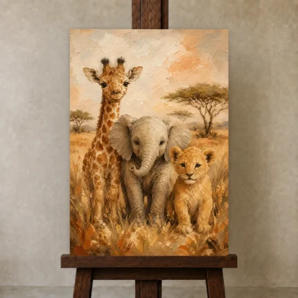 Safari Friends Kids Room Wall Art Canvas Print shown in Studio Easel