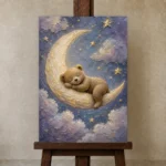 Sleeping Teddy Moon Kids Room Wall Art Canvas Print displayed on a studio easel