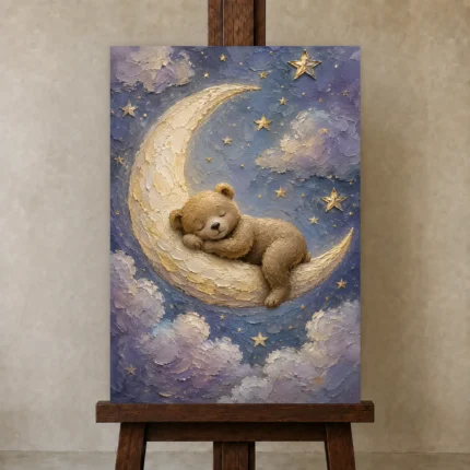 Sleeping Teddy Moon Kids Room Wall Art Canvas Print shown in Studio Easel