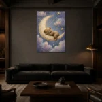 Sleeping Teddy Moon Kids Room Wall Art Canvas Print shown in a warm modern interior
