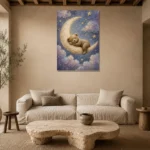 Sleeping Teddy Moon Kids Room Wall Art Canvas Print presented in a sophisticated home setting