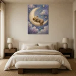 Sleeping Teddy Moon Kids Room Wall Art Canvas Print showcased in an elegant minimalist interior