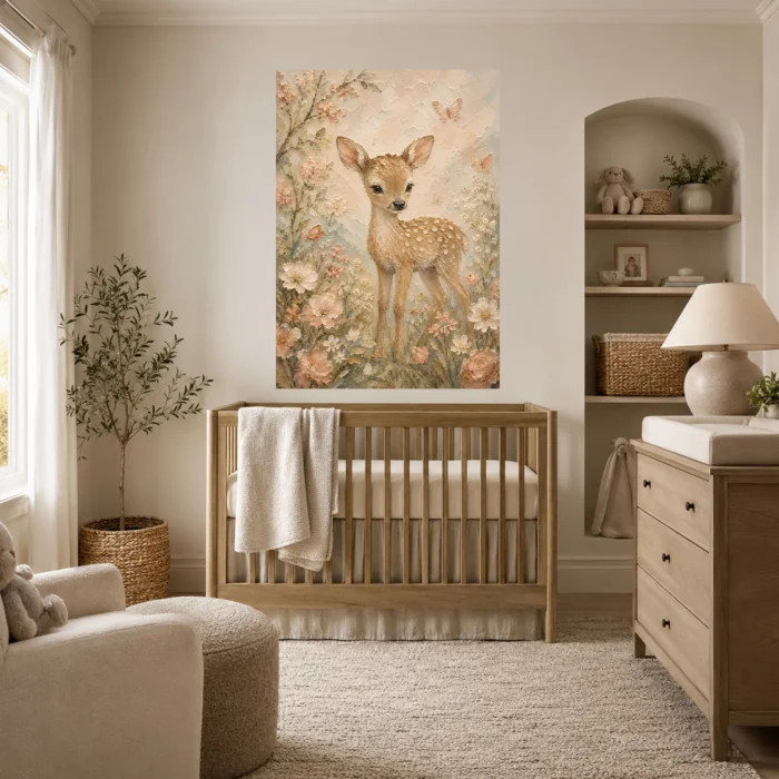 Floral Fawn Kids Room Wall Art Canvas Print styled in a refined interior