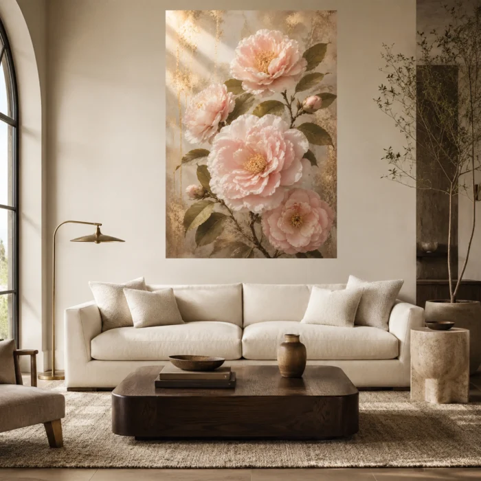Blush Peonies Living Room Wall Art Canvas Print styled in a refined interior