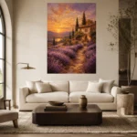 Tuscan Lavender Sunset Living Room Wall Art Canvas Print styled in a refined interior