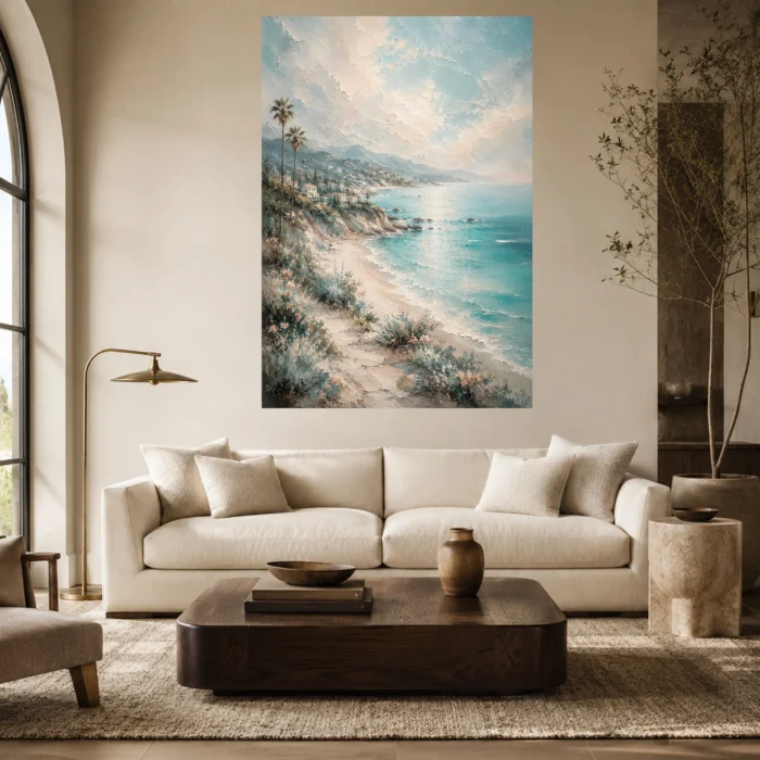 Coastal Ocean View Living Room Wall Art Canvas Print styled in a refined interior