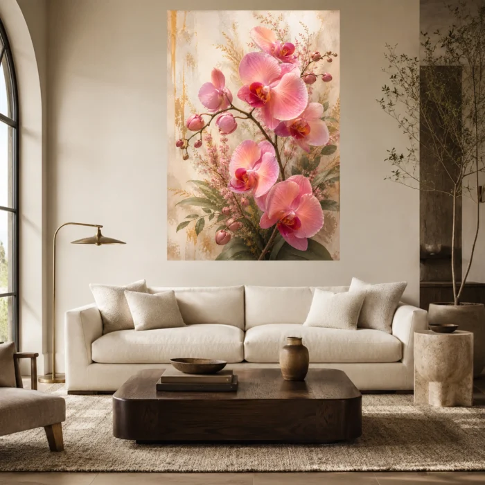 Pink Orchid Living Room Wall Art Canvas Print styled in a refined interior