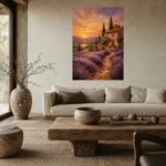 Tuscan Lavender Sunset Living Room Wall Art Canvas Print shown in a warm modern interior