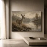 Misty Lakeside Doe Wildlife Portrait Wall Art Canvas Print - Image 11