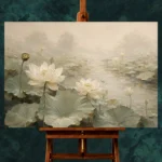 Ivory Lotus Pond Botanical Bedroom Wall Art Canvas Print - Image 3