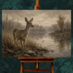 Misty Lakeside Doe Wildlife Portrait Wall Art Canvas Print - Image 2