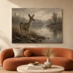 Misty Lakeside Doe Wildlife Portrait Wall Art Canvas Print - Image 3