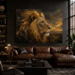 Lion Wall Art featuring a regal lion portrait with dramatic texture, earthy tones, and sophisticated character for elegant modern interiors