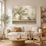 Olive Branch Linen Still Life Serene Neutral Bedroom Wall Art Canvas Print - Image 9