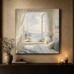 Open Window Ocean View Coastal Bedroom Wall Art Canvas Print - Image 7