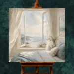 Open Window Ocean View Coastal Bedroom Wall Art Canvas Print - Image 3