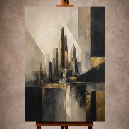 Charcoal and gold Executive Office Wall Art print featuring an abstract architectural skyline for elegant interiors