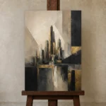 Charcoal Gold Architectural Skyline Executive Office Wall Art Canvas Print displayed on a studio easel