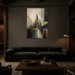 Charcoal Gold Architectural Skyline Executive Office Wall Art Canvas Print shown in a warm modern interior