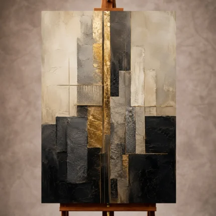 Charcoal and gold Executive Office Wall Art print featuring abstract stone blocks and refined linear accents for elegant interiors