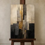 Charcoal Gold Abstract Stone Balance Executive Office Wall Art Canvas Print displayed on a studio easel