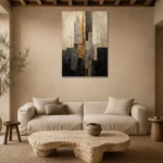 Charcoal Gold Abstract Stone Balance Executive Office Wall Art Canvas Print presented in a sophisticated home setting