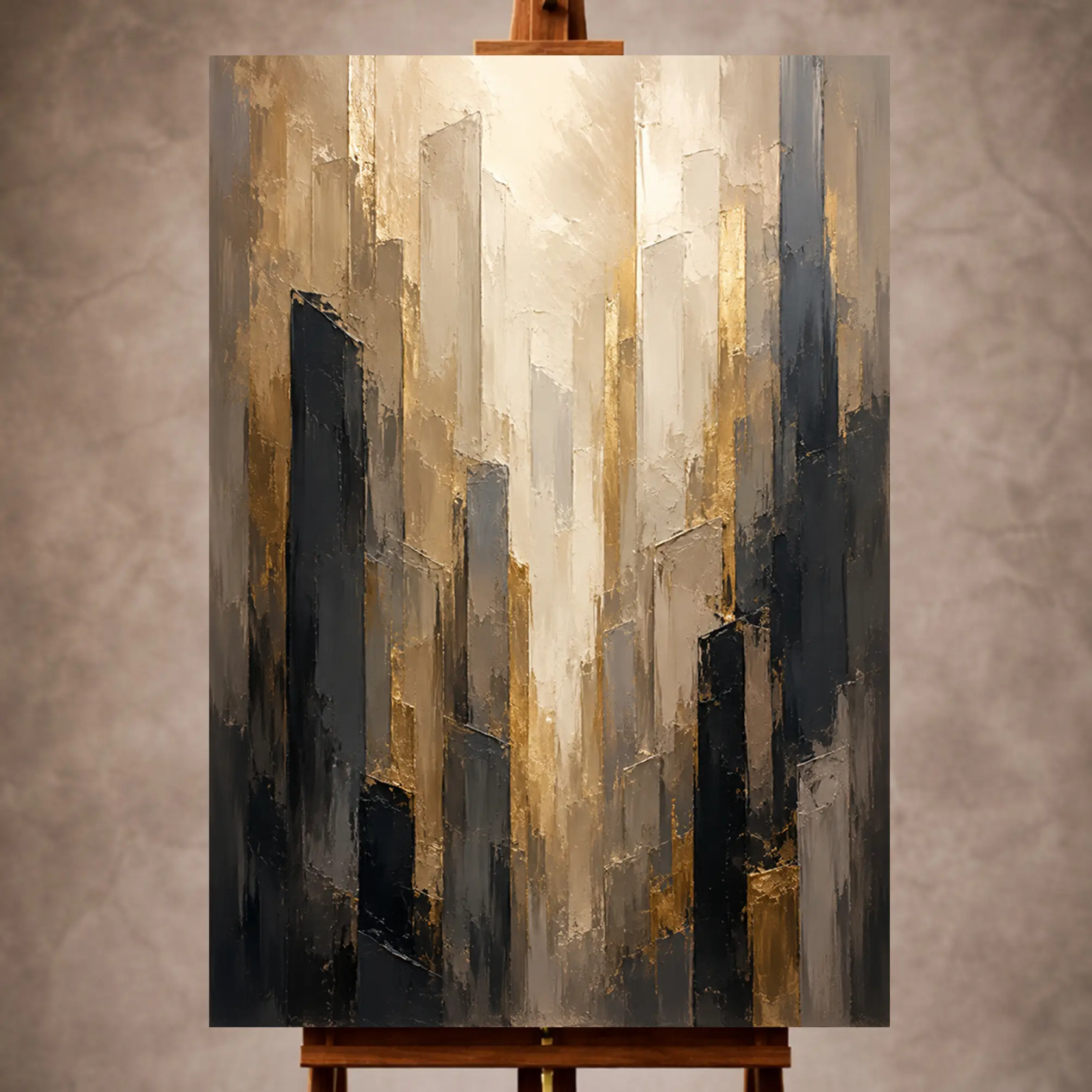 Premium Wall Art Dikey Html Edition – 0ffice009 Image 1 Charcoal and gold Executive Office Wall Art print featuring layered architectural forms rising into illuminated space for elegant interiors
