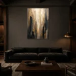 Charcoal Gold Architectural Forms Executive Office Wall Art Canvas Print shown in a warm modern interior