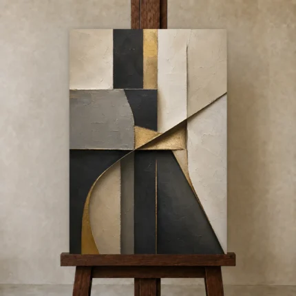 Charcoal Gold Geometric Executive Office Wall Art Canvas Print shown in Studio Easel