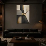 Charcoal Gold Geometric Executive Office Wall Art Canvas Print shown in a warm modern interior