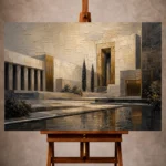 Charcoal and gold Executive Office Wall Art print featuring a layered architectural panorama for elegant interiors
