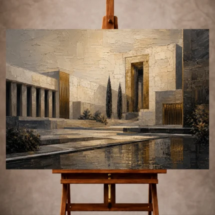 Charcoal and gold Executive Office Wall Art print featuring a layered architectural panorama for elegant interiors