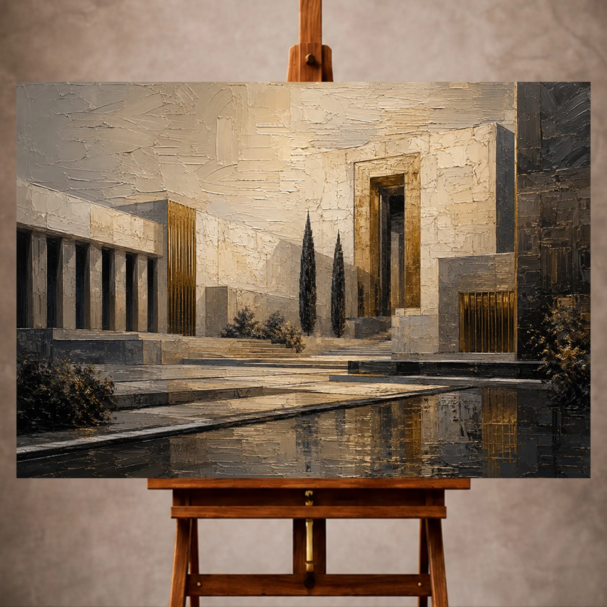 Premium Wall Art Yatay Html Edition – 0ffice011 Image 1 Charcoal and gold Executive Office Wall Art print featuring a layered architectural panorama for elegant interiors