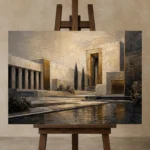 Charcoal Gold Architectural Panorama Executive Office Wall Art Canvas Print displayed on a studio easel