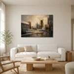 Charcoal Gold Architectural Panorama Executive Office Wall Art Canvas Print styled in a refined neutral interior