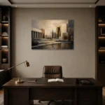Charcoal Gold Architectural Panorama Executive Office Wall Art Canvas Print displayed in a contemporary gallery-inspired room