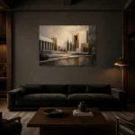 Charcoal Gold Architectural Panorama Executive Office Wall Art Canvas Print shown in a warm modern interior