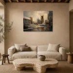 Charcoal Gold Architectural Panorama Executive Office Wall Art Canvas Print presented in a sophisticated home setting