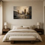 Charcoal Gold Architectural Panorama Executive Office Wall Art Canvas Print showcased in an elegant minimalist interior