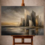 Charcoal and muted gold Executive Office Wall Art print featuring an abstract architectural skyline for elegant interiors
