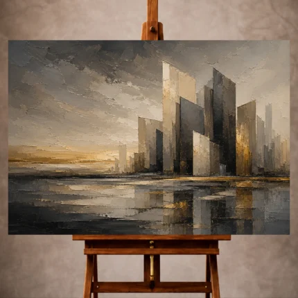 Charcoal and muted gold Executive Office Wall Art print featuring an abstract architectural skyline for elegant interiors