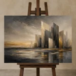 Charcoal Gold Abstract Skyline Executive Office Wall Art Canvas Print displayed on a studio easel