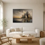 Charcoal Gold Abstract Skyline Executive Office Wall Art Canvas Print styled in a refined neutral interior