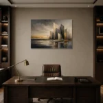 Charcoal Gold Abstract Skyline Executive Office Wall Art Canvas Print displayed in a contemporary gallery-inspired room