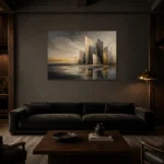 Charcoal Gold Abstract Skyline Executive Office Wall Art Canvas Print shown in a warm modern interior